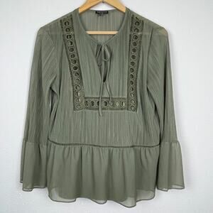 Express Green‎ Crinkle Bell Sleeve Peplum Top Size S Y2K Forest Fairy Boho